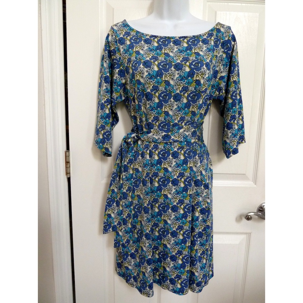 *LEOTA COMPASS ROSE Sz M 8/10 Dress Shift Knee Length Floral Rayon Belt*
